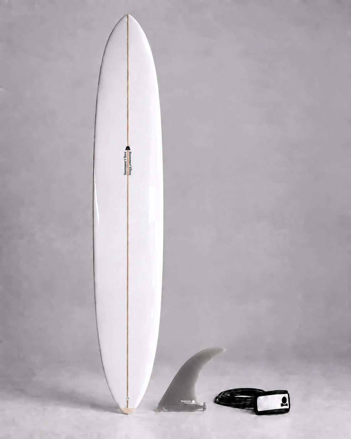 White longboard with grey single fin and black and white leash