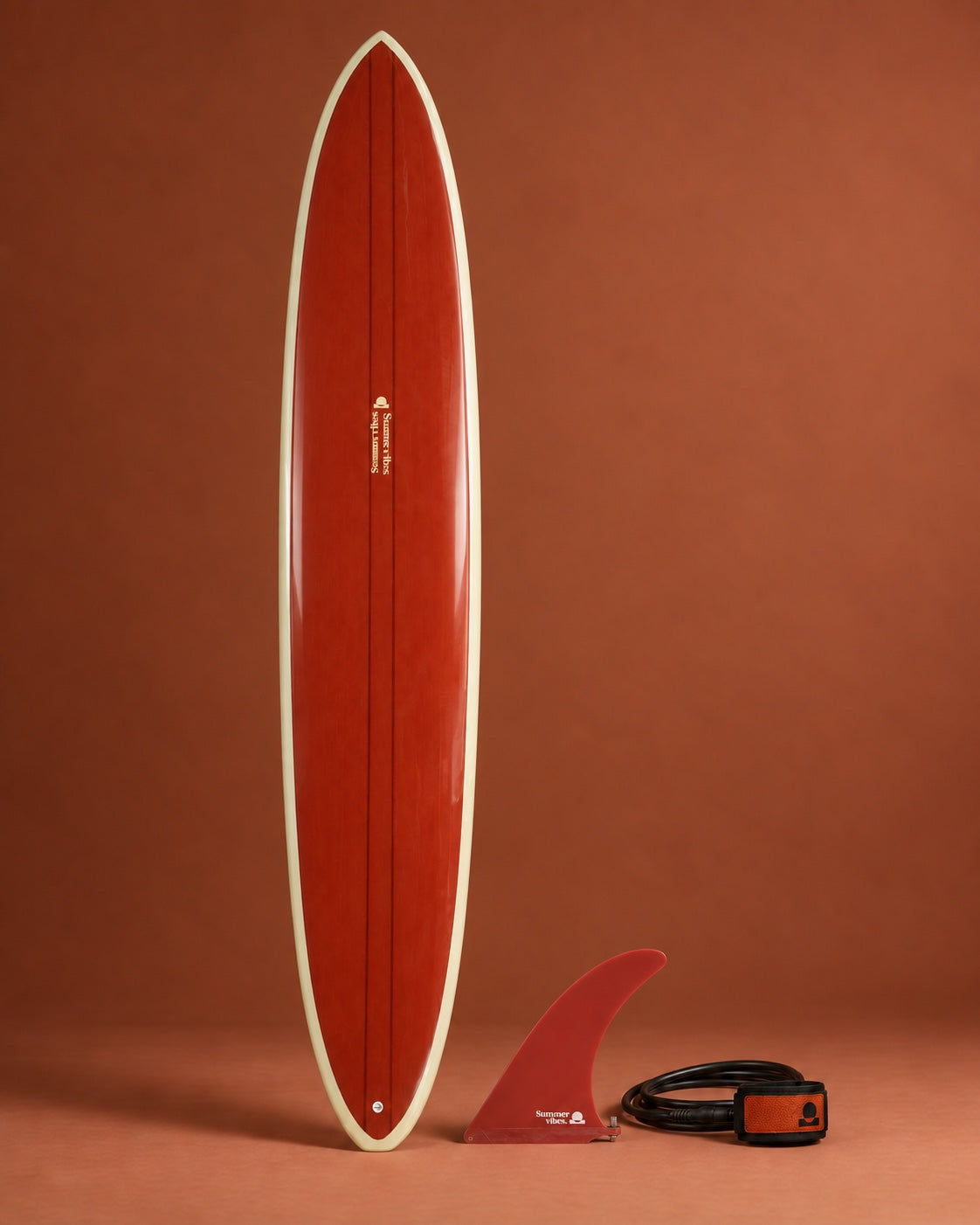 Rust longboard with coordinating single fin and leash