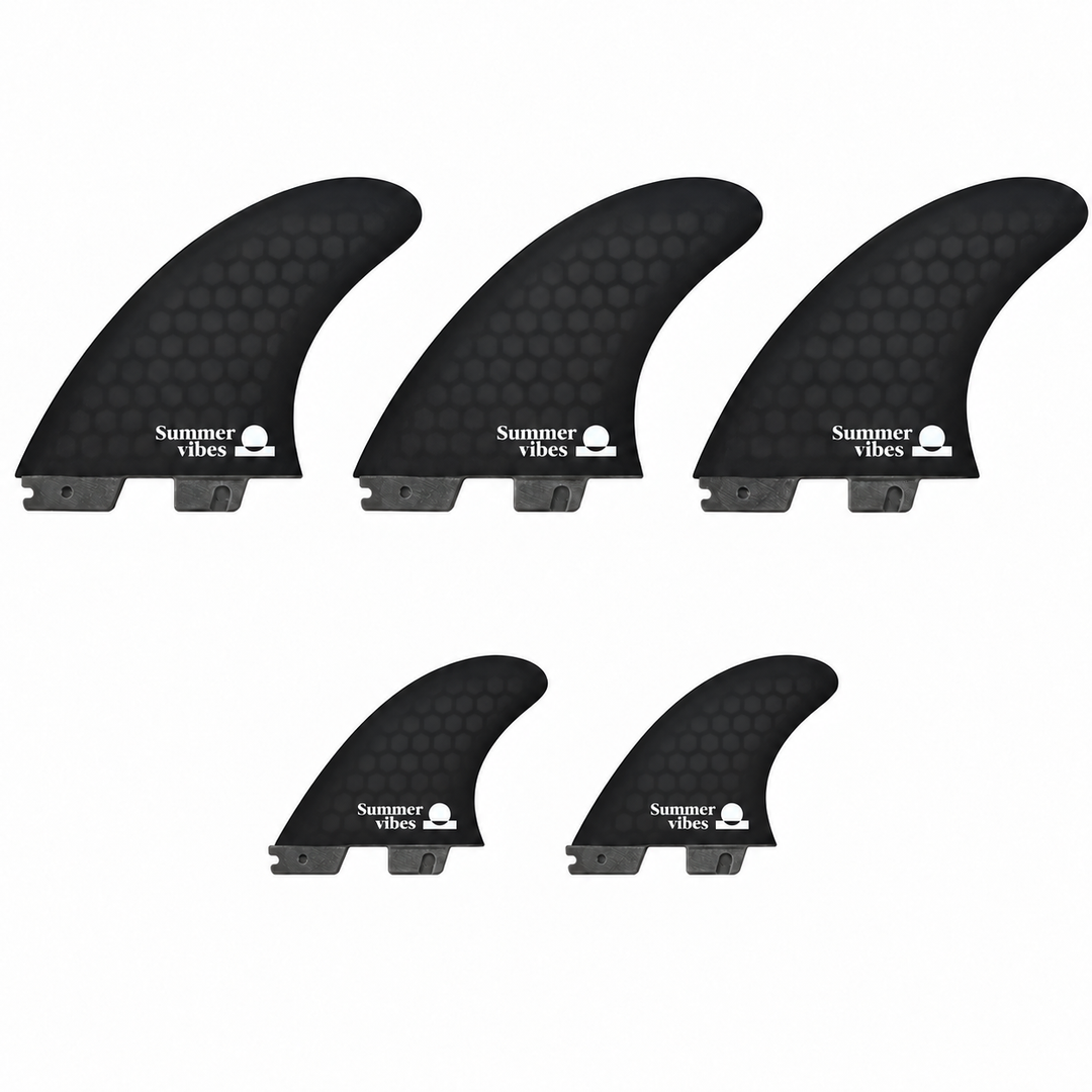 Summer vibes black honeycomb five-fin set with three main fins and two smaller quad rear fins, FCS II compatible
