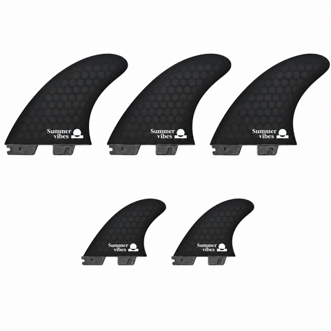Summer vibes black honeycomb five-fin set with three main fins and two smaller quad rear fins, FCS II compatible