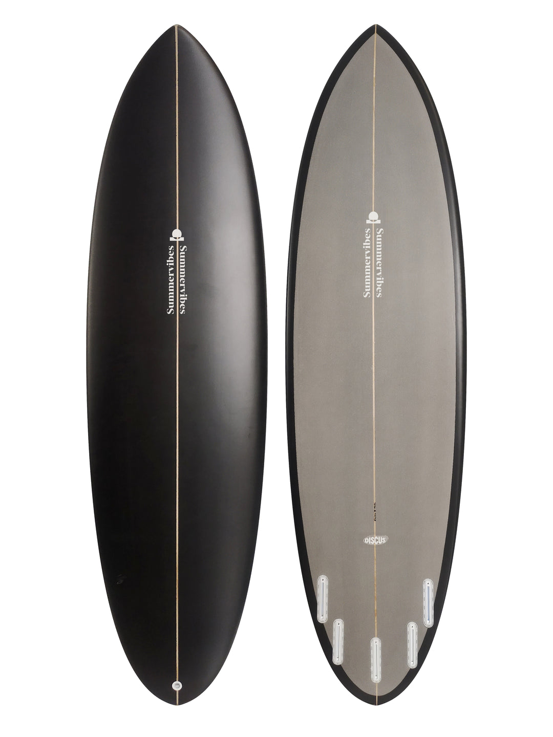 Summer vibes Discus Egg Round Tail Surfboard – Black/Grey — deck and bottom views