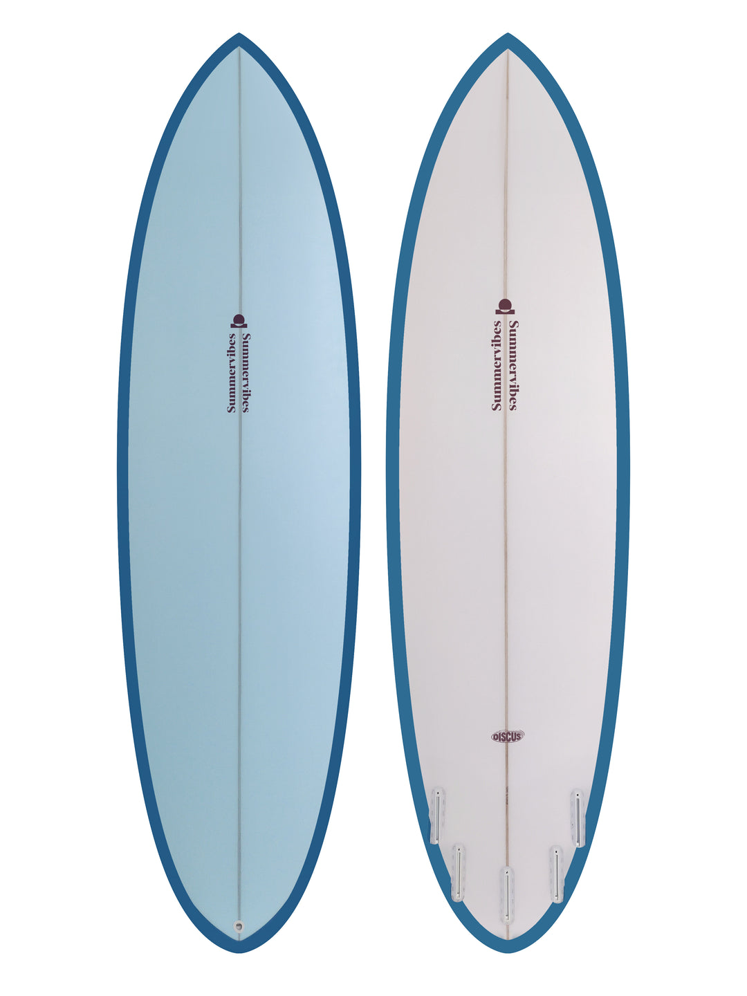 Summer vibes Discus Egg Round Tail Surfboard – Blue/Berry — deck and bottom views