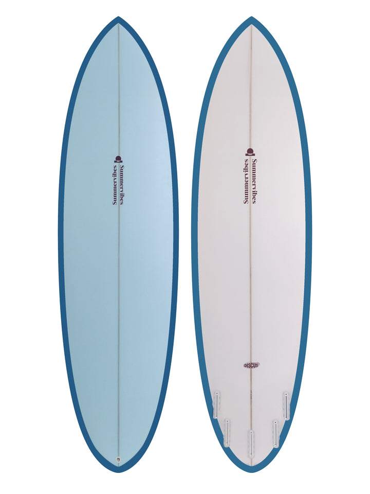 Summer vibes Discus Egg Round Tail Surfboard – Blue/Berry — deck and bottom views