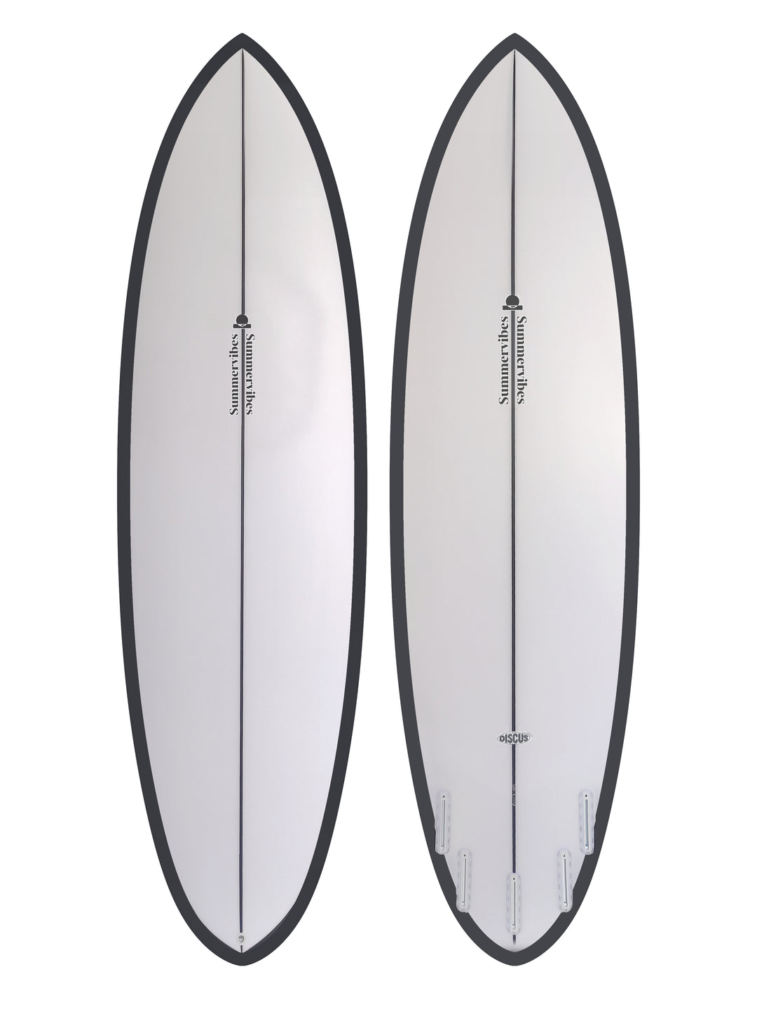 Summer vibes Discus Egg Round Tail Surfboard – Black Rail Spray — deck and bottom views