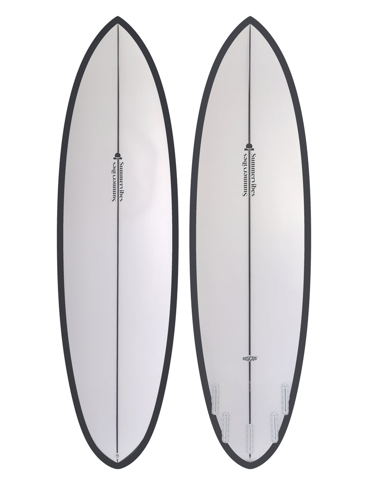 Summer vibes Discus Egg Round Tail Surfboard – Black Rail Spray — deck and bottom views