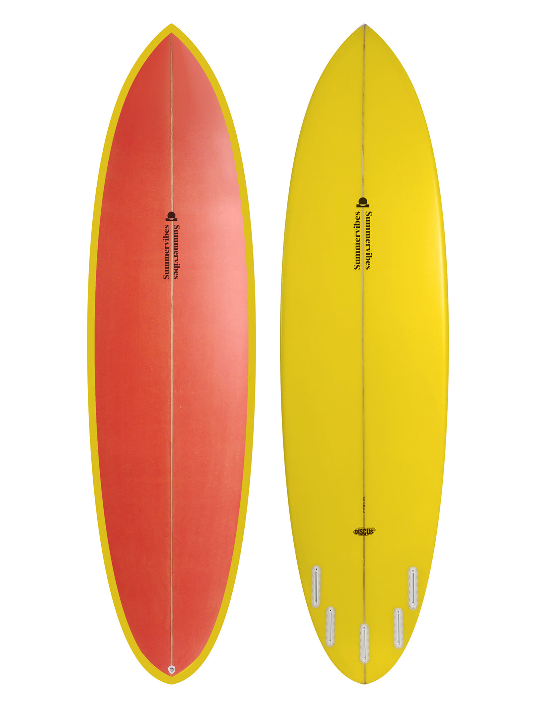 Summer vibes Discus Egg Round Tail Surfboard – Orange/Yellow — deck and bottom views
