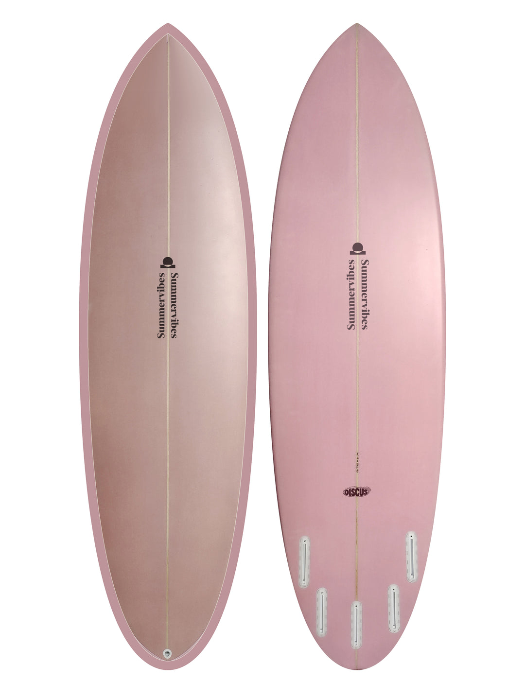 Summer vibes Discus Egg Round Tail Surfboard – Pink/Blush — deck and bottom views