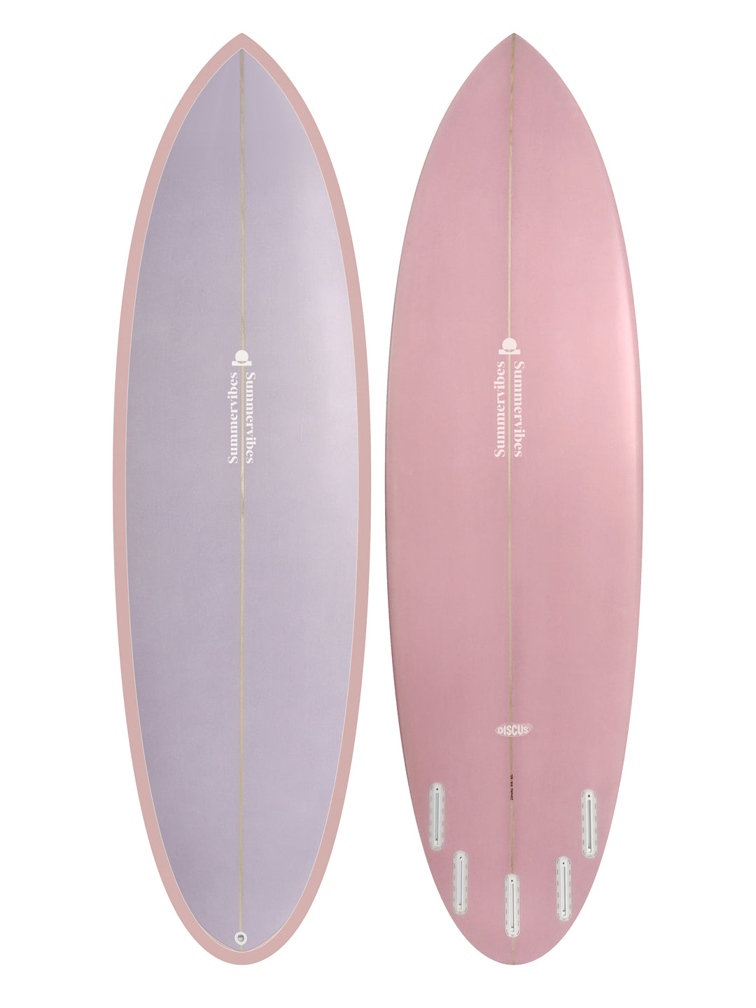 Summer vibes Discus Egg Round Tail Surfboard – Pink/Lilac — deck and bottom views