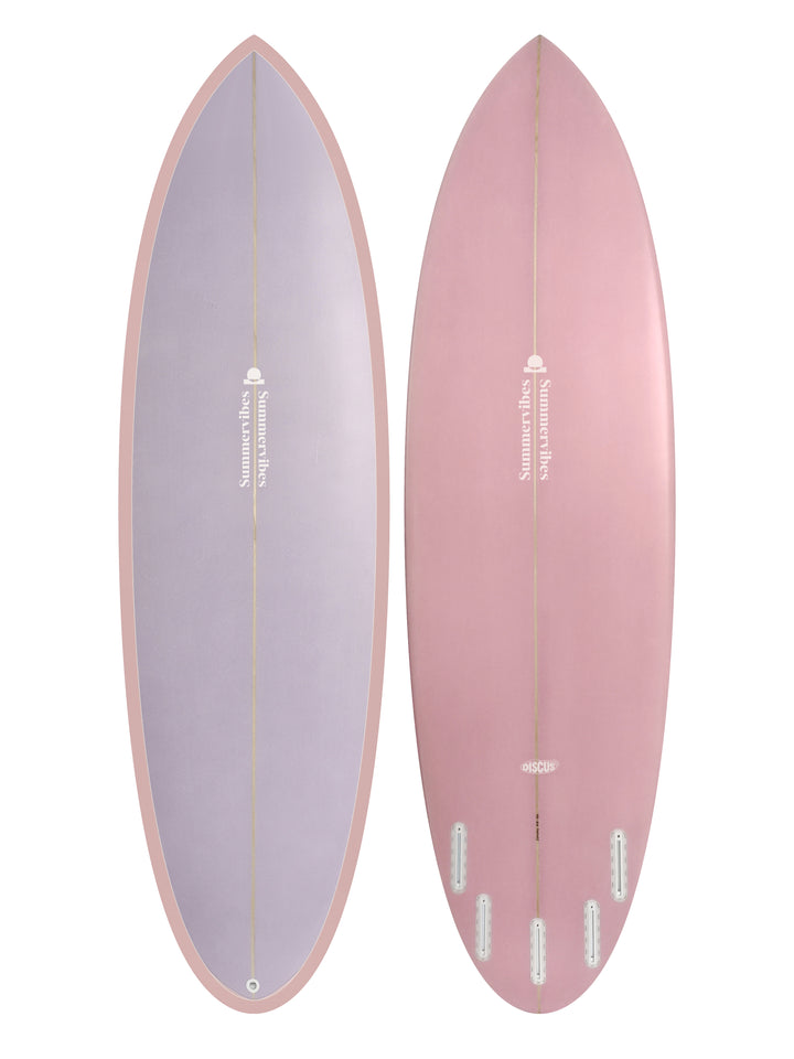 Summer vibes Discus Egg Round Tail Surfboard – Pink/Lilac — deck and bottom views