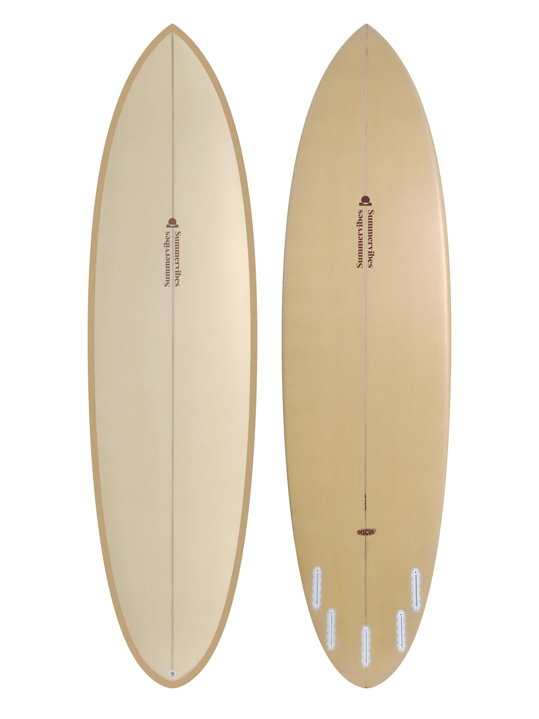 Summer vibes Discus Egg Round Tail Surfboard – Tan/Berry — deck and bottom views