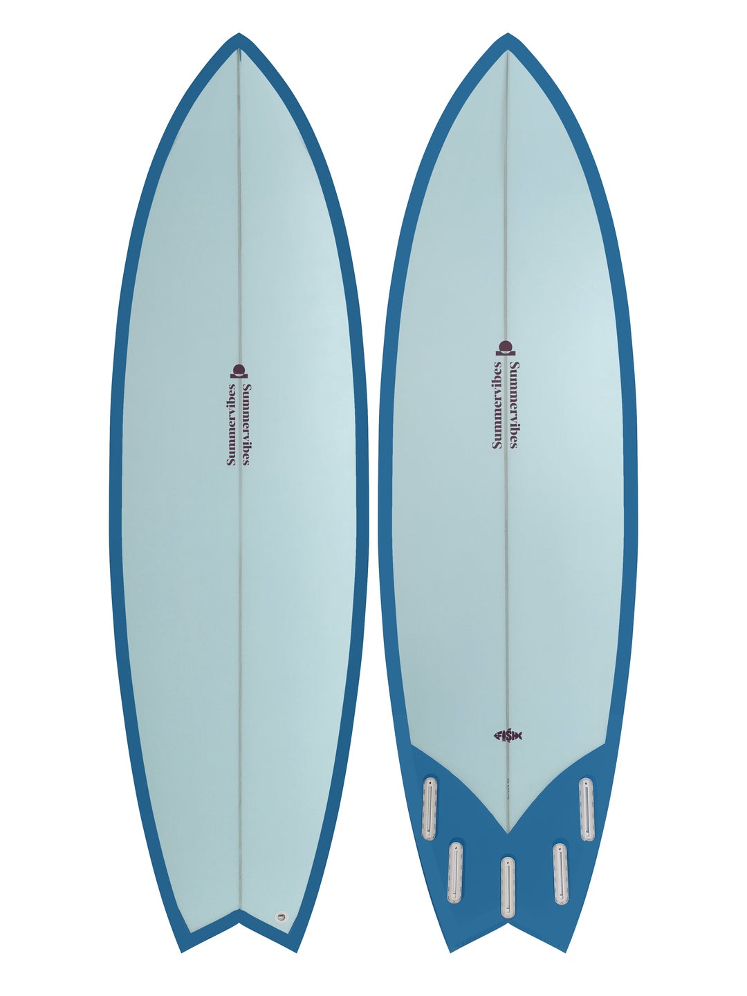 Summer vibes Fish Swallow Tail Surfboard – Blue/Berry — deck and bottom views
