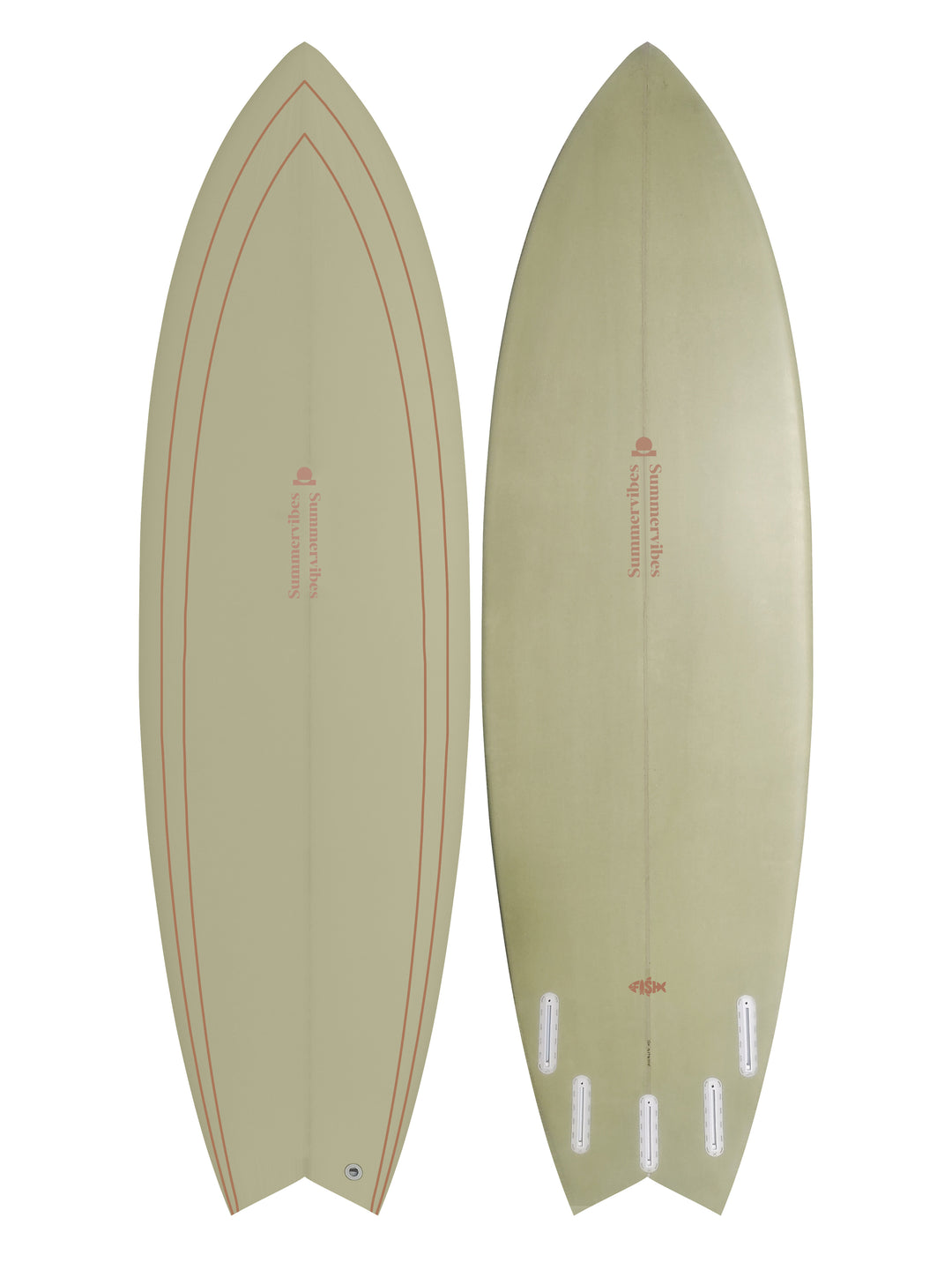 Summer vibes Fish Swallow Tail Surfboard – Yellow/Rust — deck and bottom views