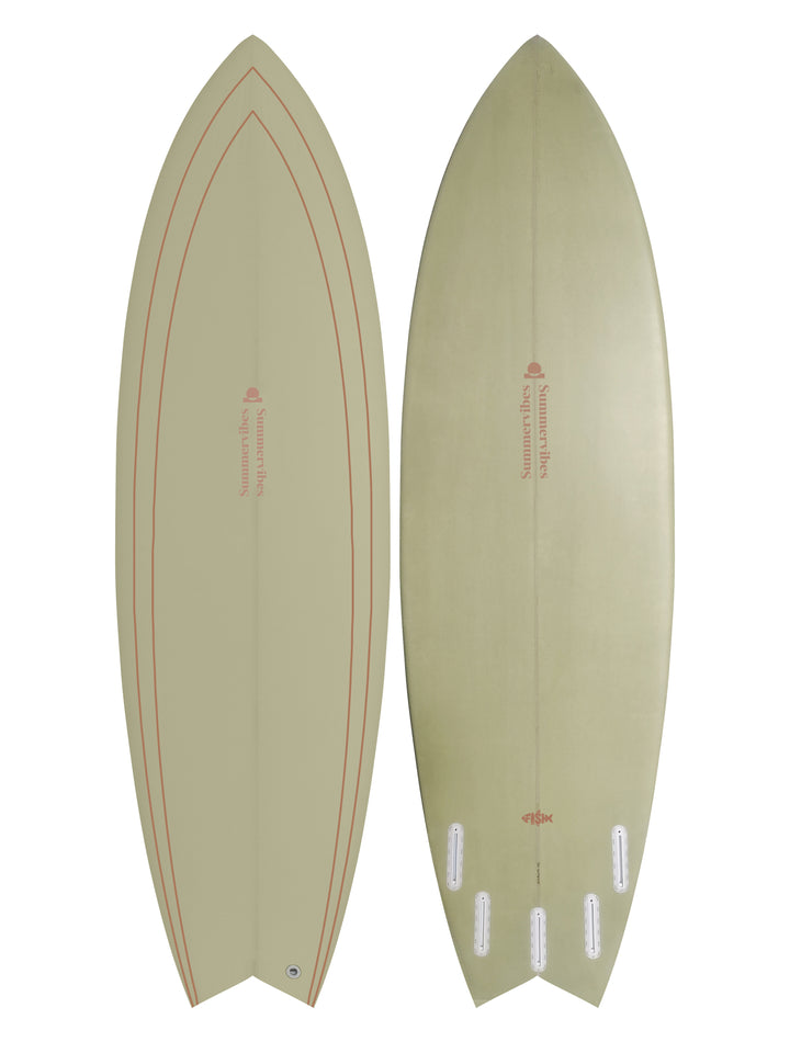 Summer vibes Fish Swallow Tail Surfboard – Earthy Sage — deck and bottom views