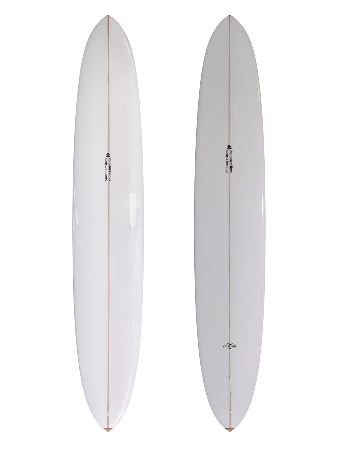 Summer vibes Glider 11-foot White/Wood Gloss surfboard deck and bottom views with timber tail block