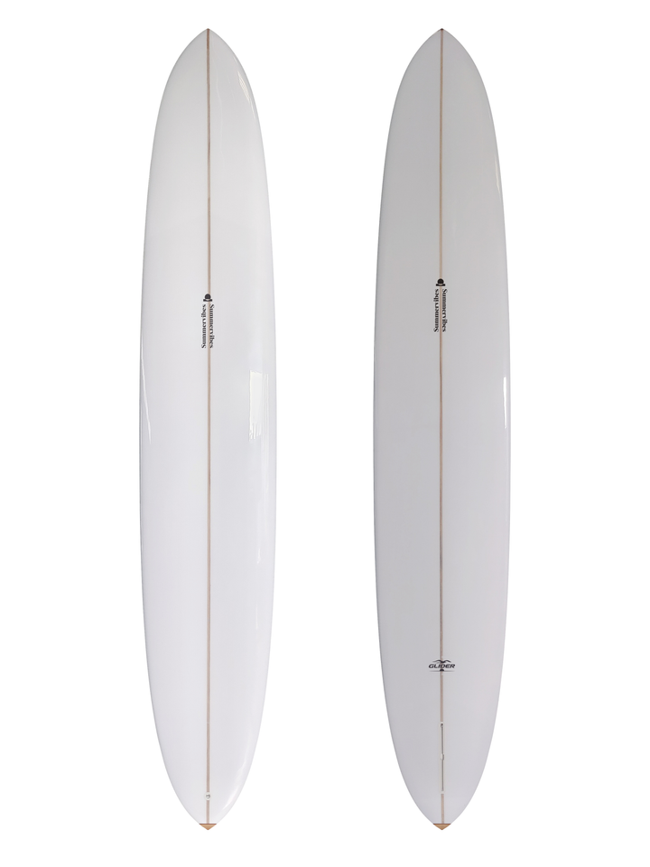Summer vibes Glider 11-foot White/Wood Gloss surfboard deck and bottom views with timber tail block