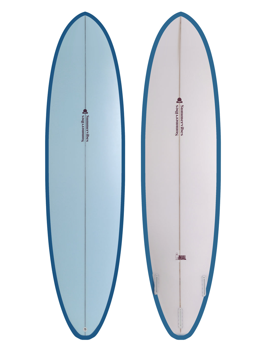 Summer vibes Mini Mal Funboard Surfboard – Blue/Berry — deck and bottom views