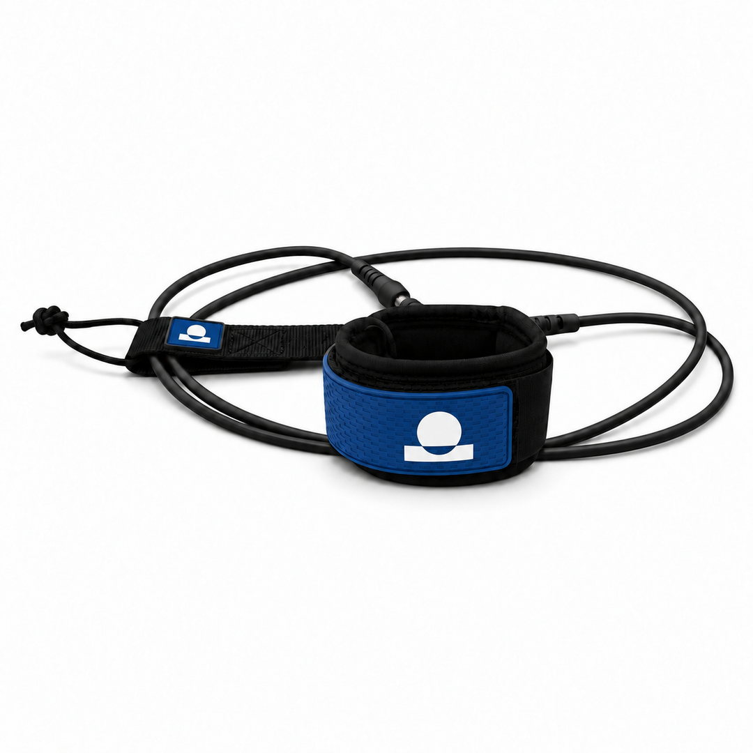 Summer Vibes Black/Blue surfboard leash with cuff, cord and matching rail saver