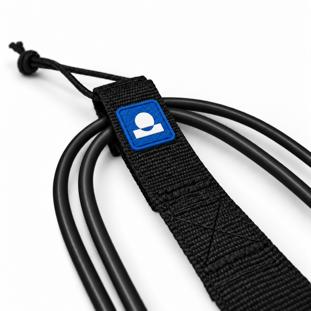 Summer Vibes Black/Blue leash rail-saver webbing, logo patch, stitching and smooth cord detail