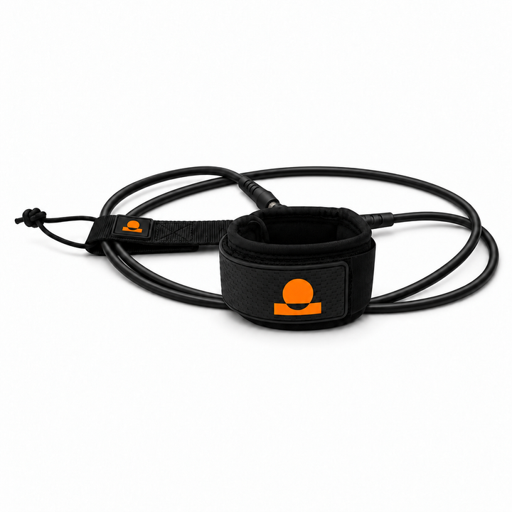 Summer Vibes Black/Orange surfboard leash with cuff, cord and matching rail saver