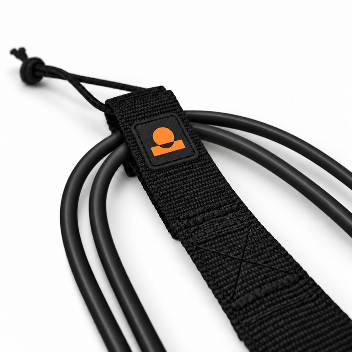 Summer Vibes Black/Orange leash rail-saver webbing, logo patch, stitching and smooth cord detail