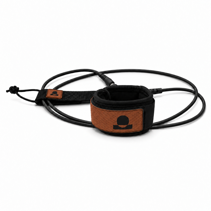 Summer Vibes Black/Rust surfboard leash with cuff, cord and matching rail saver