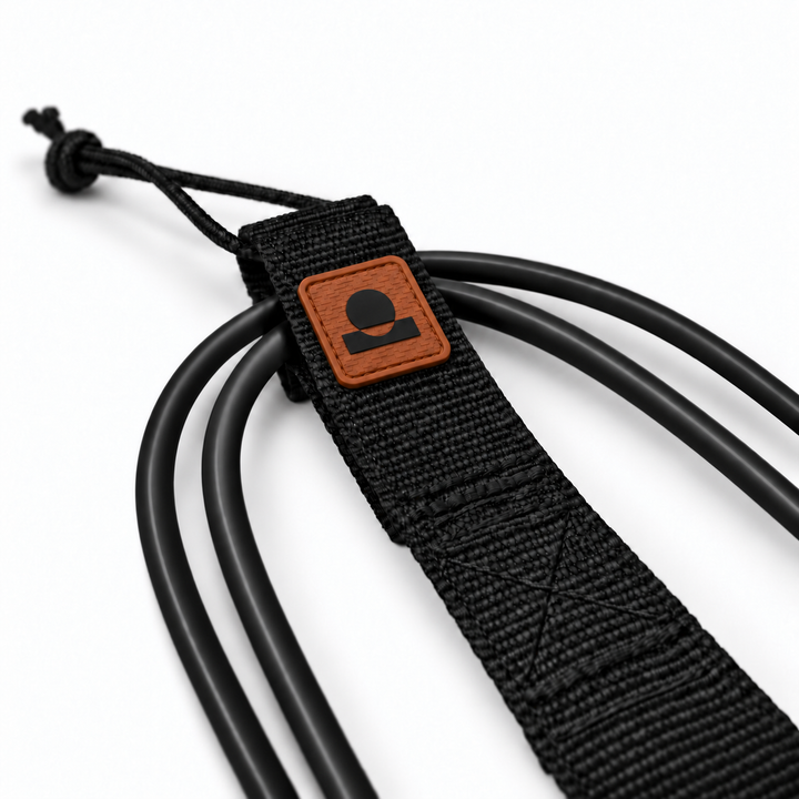 Summer Vibes Black/Rust leash rail-saver webbing, logo patch, stitching and smooth cord detail