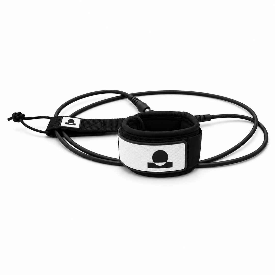 Summer Vibes Matte Black/White surfboard leash with cuff, cord and matching rail saver