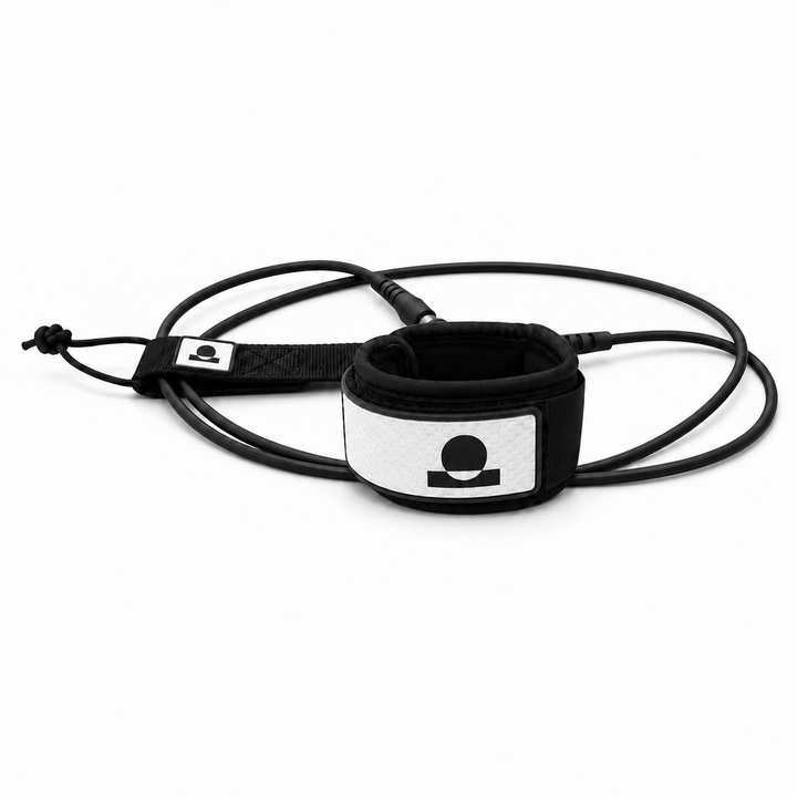 Summer Vibes Matte Black/White surfboard leash with cuff, cord and matching rail saver