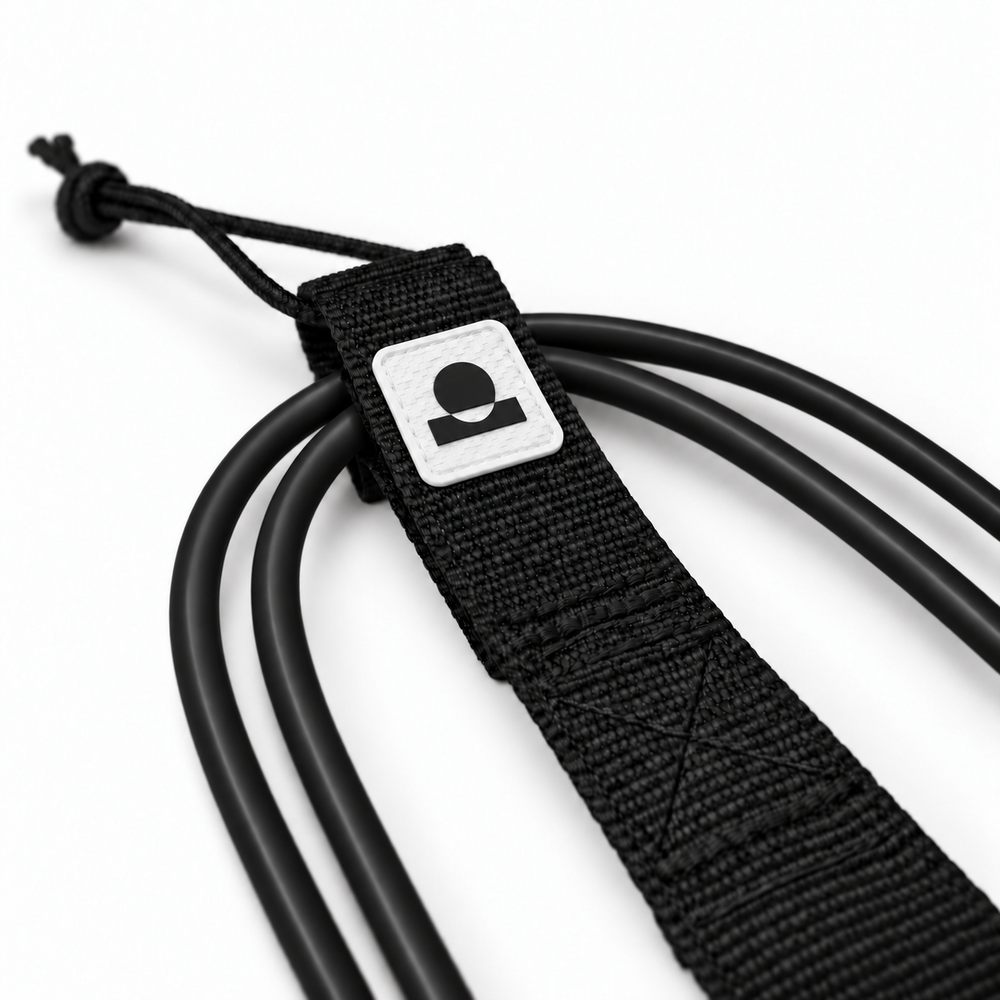 Summer Vibes Matte Black/White leash rail-saver webbing, logo patch, stitching and smooth cord detail