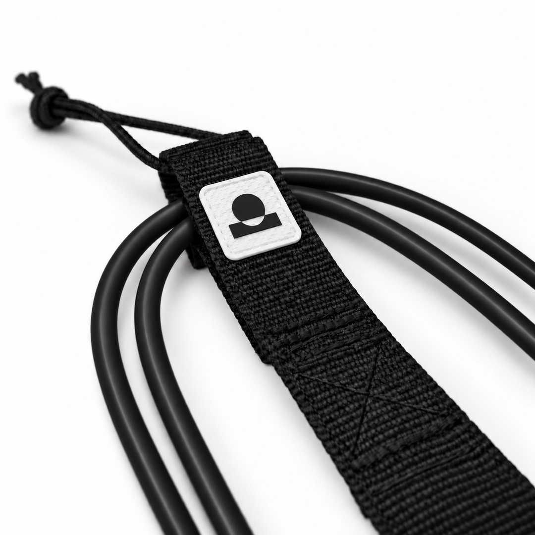 Summer Vibes Matte Black/White leash rail-saver webbing, logo patch, stitching and smooth cord detail