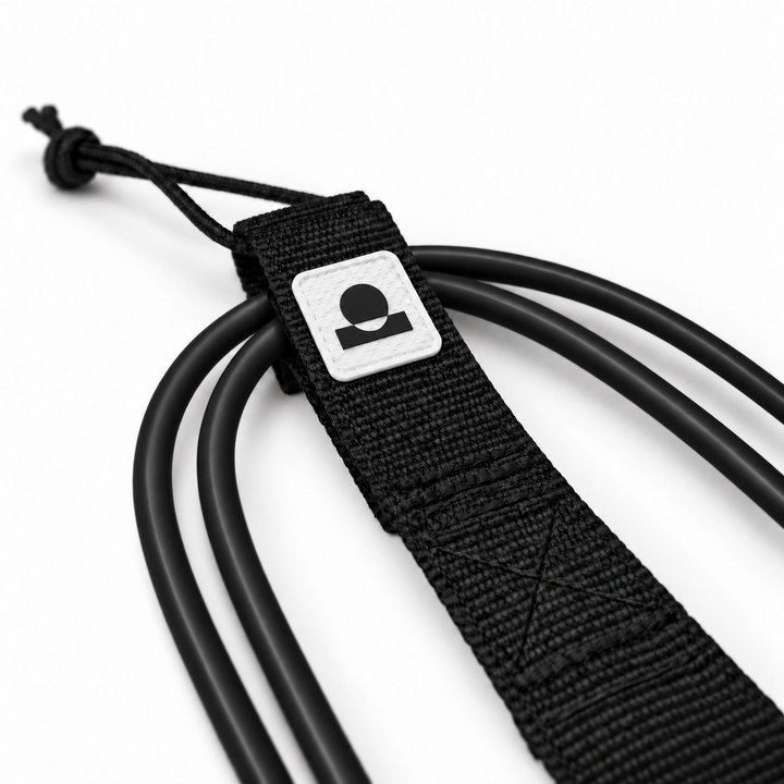 Summer Vibes Matte Black/White leash rail-saver webbing, logo patch, stitching and smooth cord detail