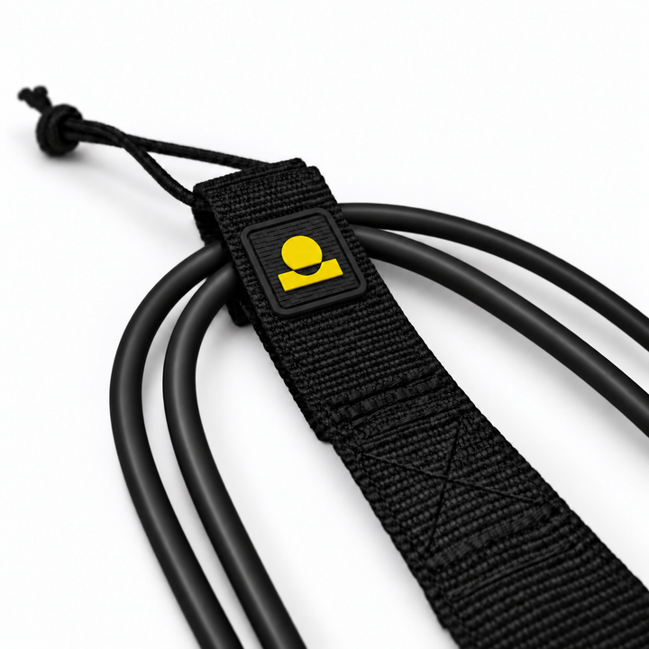 Summer Vibes Matte Black/Yellow leash rail-saver webbing, logo patch, stitching and smooth cord detail