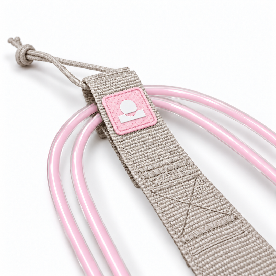 Summer Vibes Pink/Pink leash rail-saver webbing, logo patch, stitching and smooth cord detail
