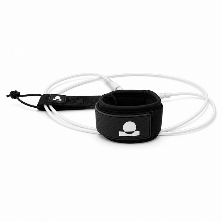 Summer Vibes White/Black surfboard leash with cuff, cord and matching rail saver