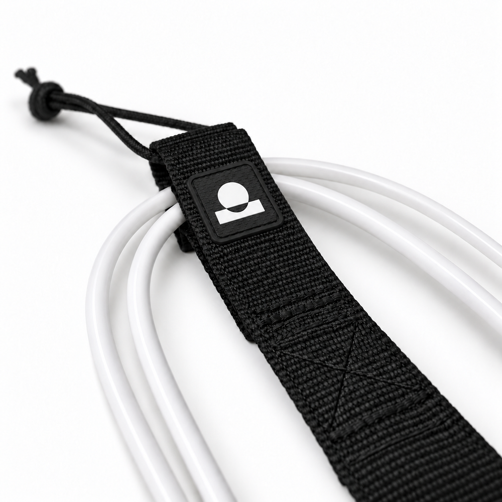 Summer Vibes White/Black leash rail-saver webbing, logo patch, stitching and smooth cord detail