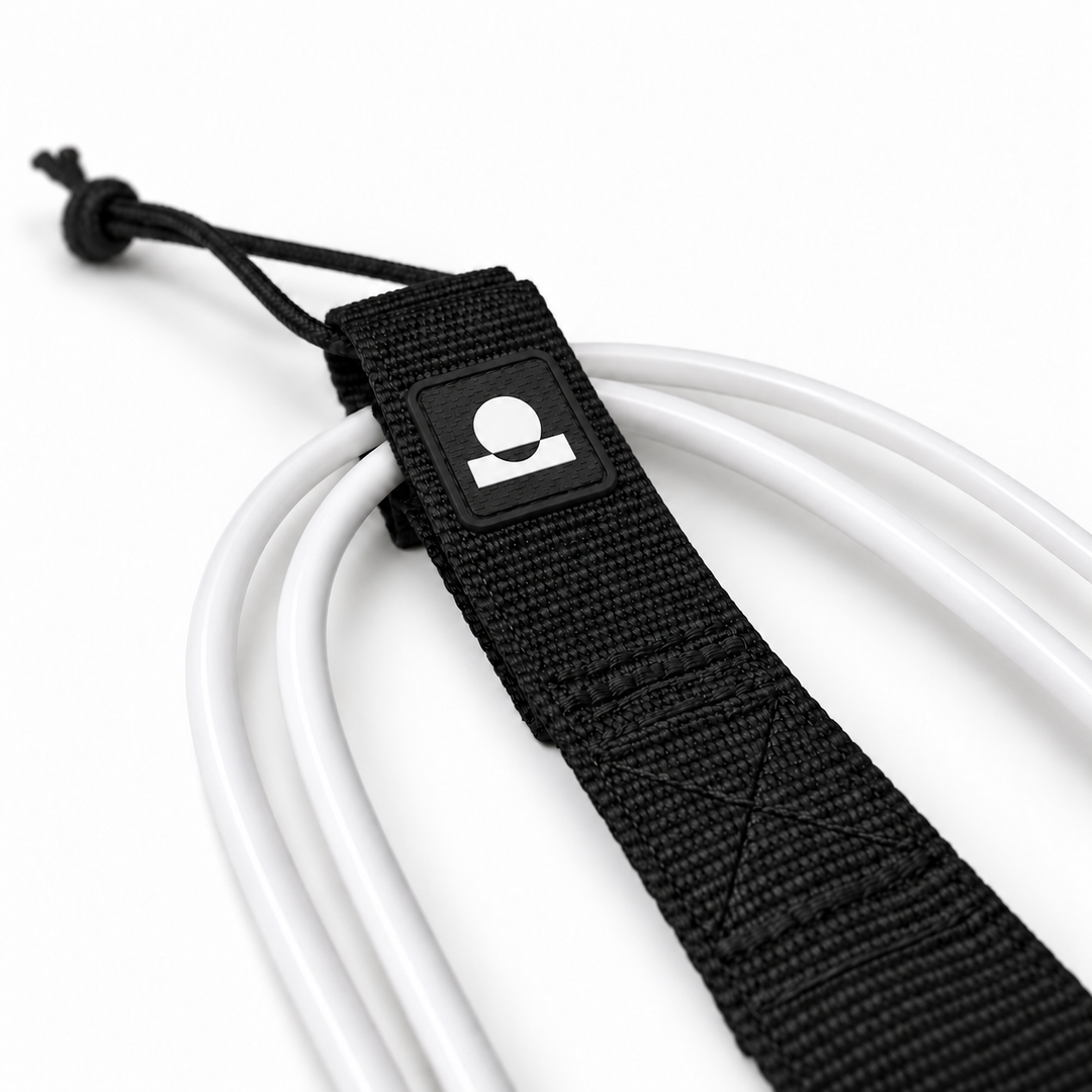 Summer Vibes White/Black leash rail-saver webbing, logo patch, stitching and smooth cord detail