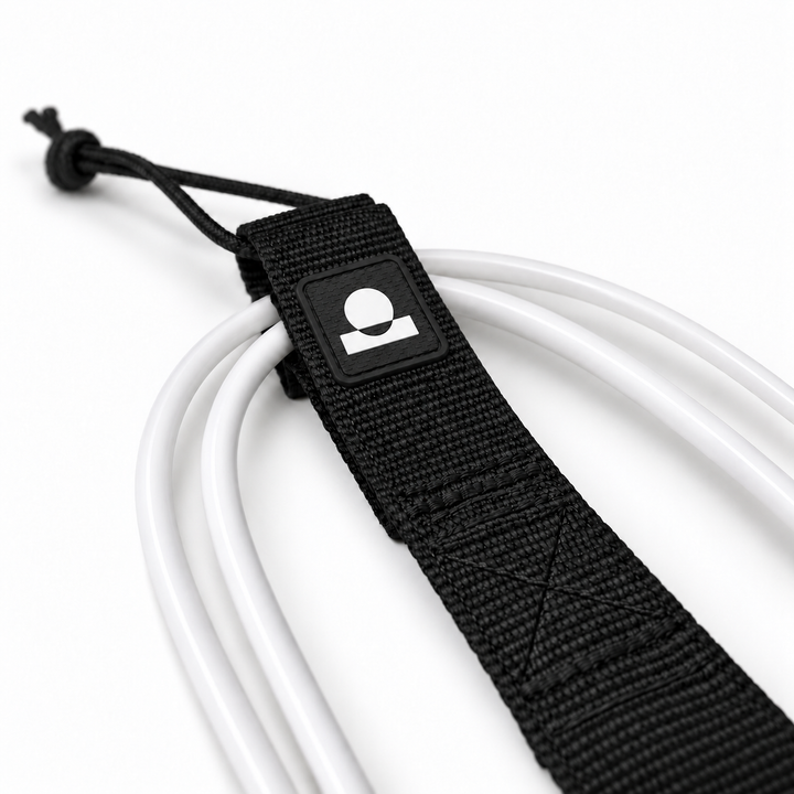 Summer Vibes White/Black leash rail-saver webbing, logo patch, stitching and smooth cord detail