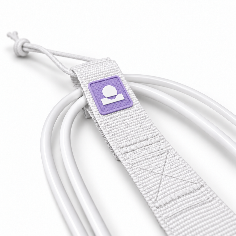 Summer Vibes White/Lilac leash rail-saver webbing, logo patch, stitching and smooth cord detail
