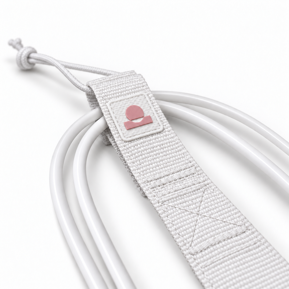 Summer Vibes White/Pink leash rail-saver webbing, logo patch, stitching and smooth cord detail