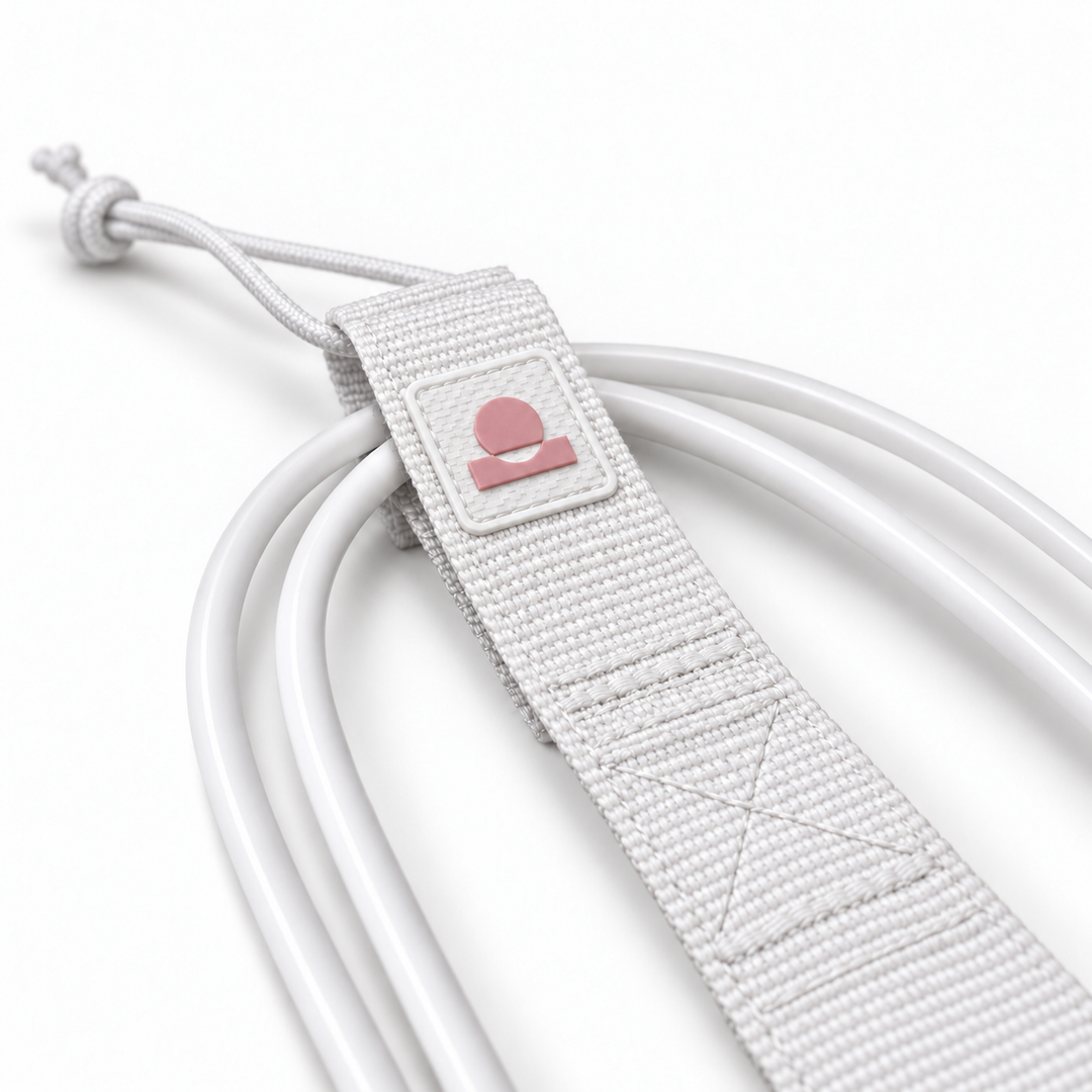Summer Vibes White/Pink leash rail-saver webbing, logo patch, stitching and smooth cord detail