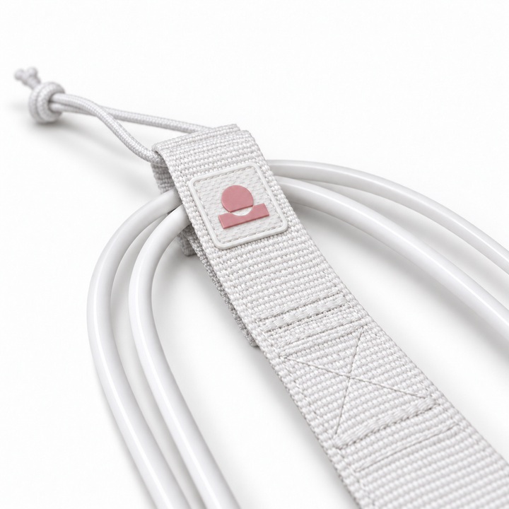 Summer Vibes White/Pink leash rail-saver webbing, logo patch, stitching and smooth cord detail