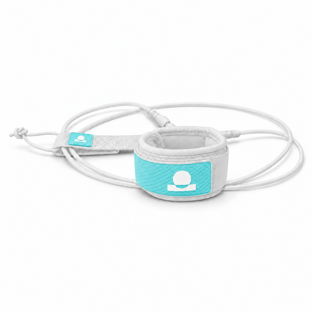 Summer Vibes White/Sky Blue surfboard leash with cuff, cord and matching rail saver