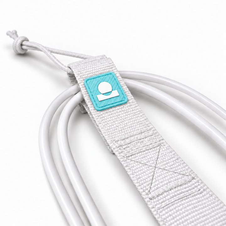Summer Vibes White/Sky Blue leash rail-saver webbing, logo patch, stitching and smooth cord detail