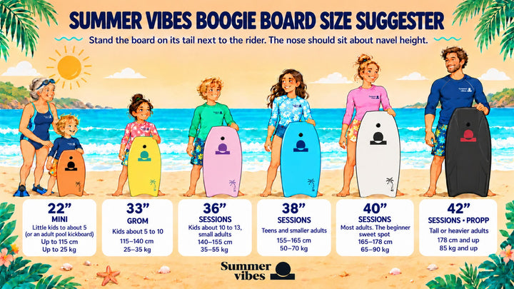 Summer vibes boogie board size suggester: 22 inch Mini, 33 inch Grom, 36, 38, 40 and 42 inch Sessions by rider age, height and weight
