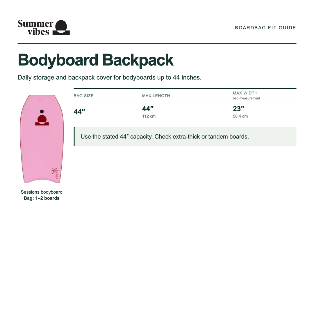Summer vibes Bodyboard Backpack size guide — maximum length and width in inches and centimetres