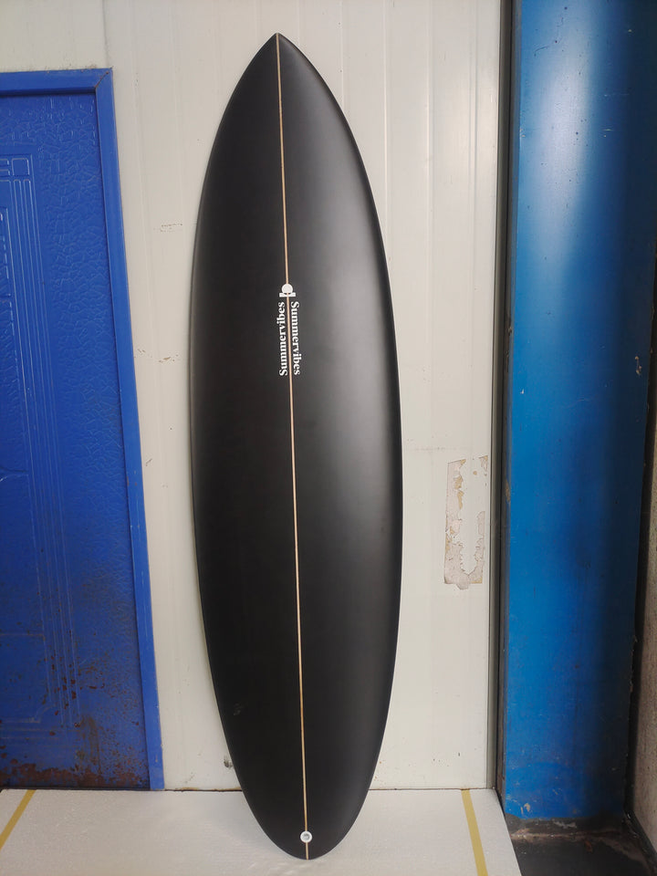 Summer vibes Discus Egg Round Tail Surfboard – Black/Grey — full deck factory photo