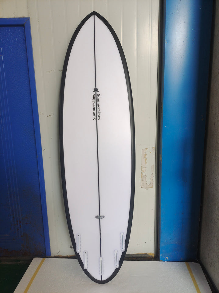 Summer vibes Discus Black Rail Spray surfboard bottom view