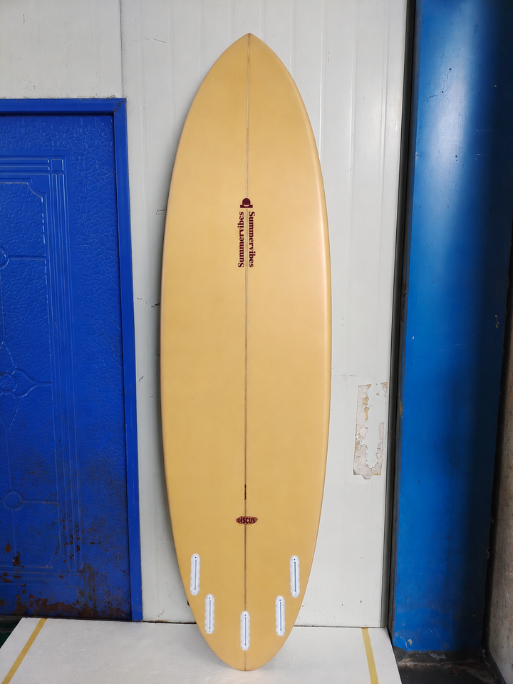 Summer vibes Discus Tan Berry surfboard bottom view