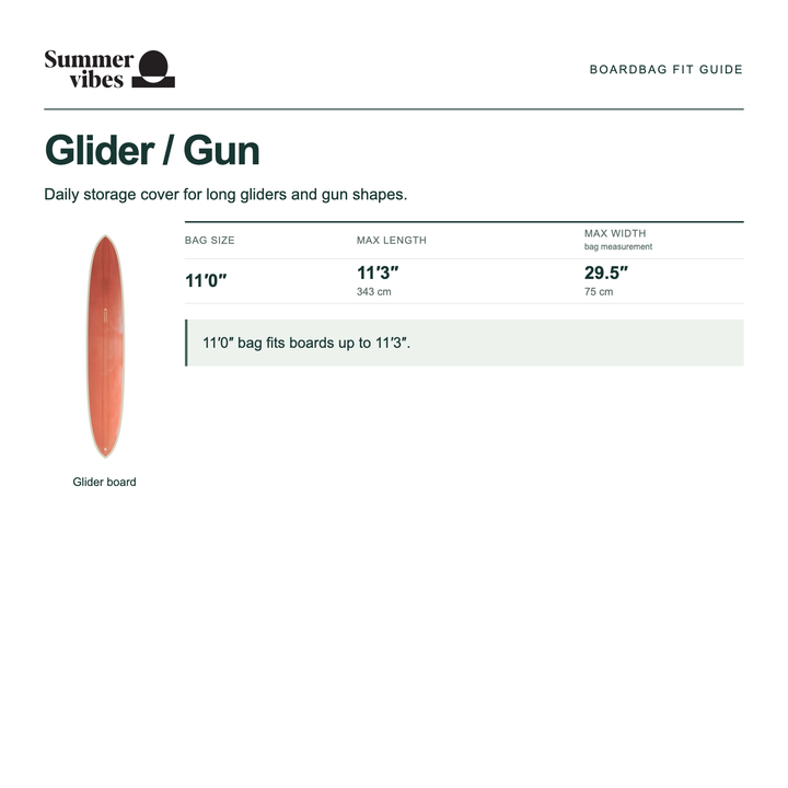 Summer Vibes Glider boardbag size guide, maximum width 75 cm