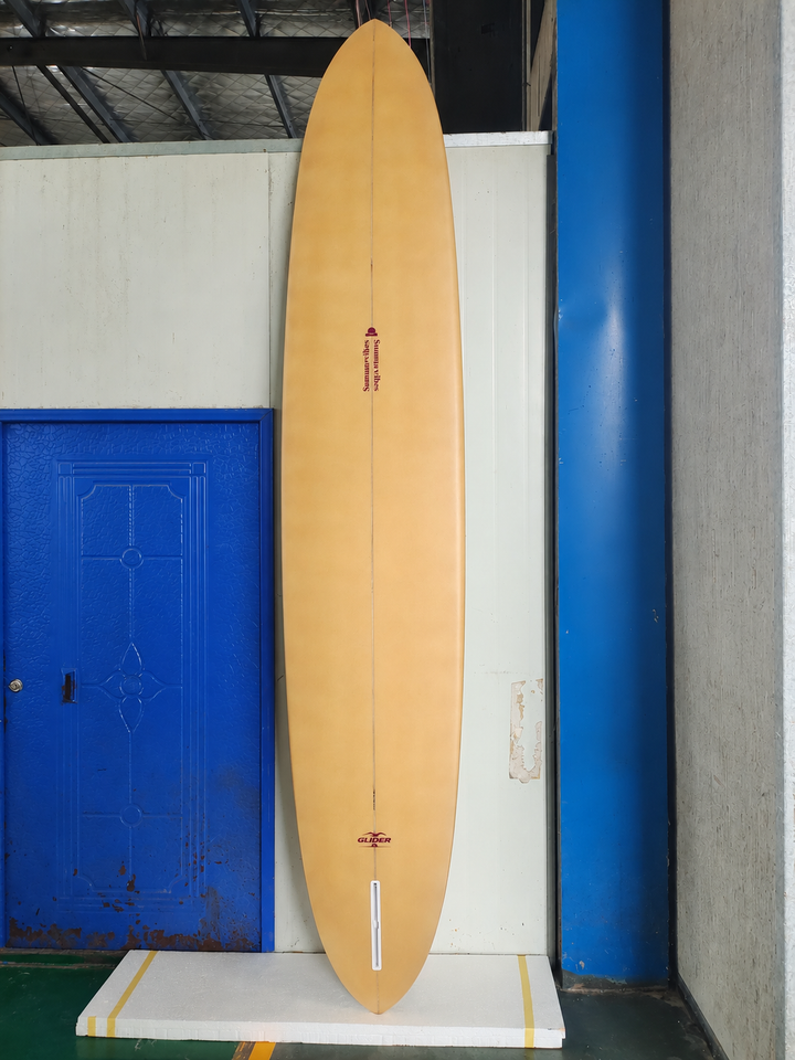 Summer vibes Glider Tan Berry surfboard bottom view